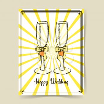 Sketch wedding glasses in vintage style, vector poster