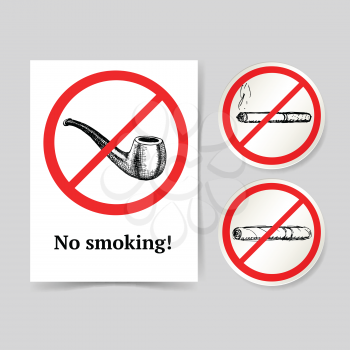 Sketch no smoking poster and lables, vector set