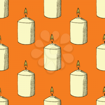 Sketch candle in vintage style, vector seamless pattern