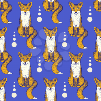 Sketch Fox seamless pattern in vintage style, vector