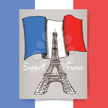 Sketch support France poster in vintage style, vector 