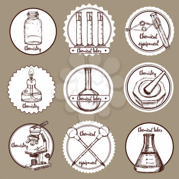 Sketch chemical logotypes in vintage style, vector