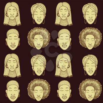 Sketch African woman in vintage style, vector seamless pattern