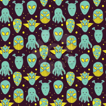 Sketch aliens faces pattern in vintage style, vector