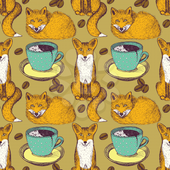 Sketch foxes and coffee in vintage style, vector seamless pattern