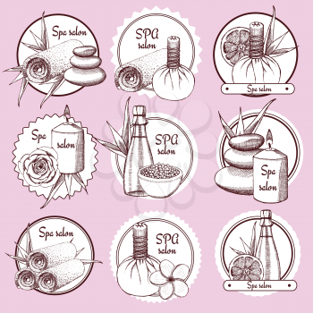 Sketch spa logos in vintage style, vector