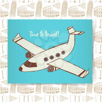 Sketch poster with plane in vintage style, vector