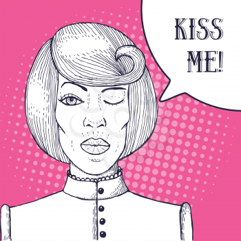 Girl wink and kiss in vintage style, vector engraved poster with bubble