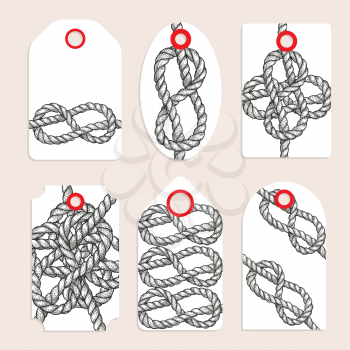 Vintage tags with eternity eight knot, vector set