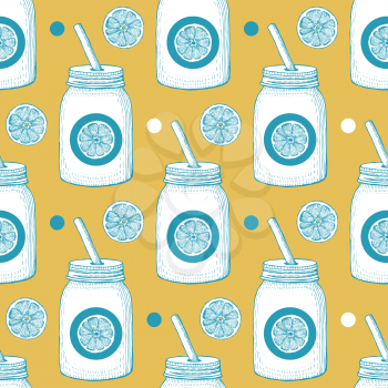 Lemonade in hipster jar with straw in vintage style, vector seamless pattern