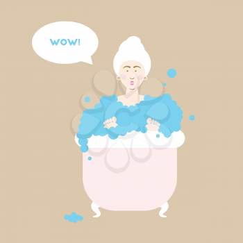 Girl in bath, vector illustration with surprised girl sitting in bathtub with foam and wow buble