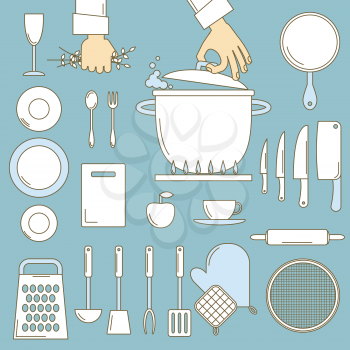 Utensils with cooks hands, line design illustration