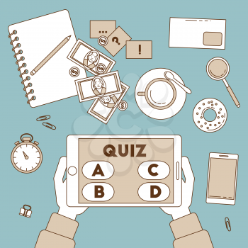 Man hands with tablet online quiz. Vector line illustration with letter, magnifying glass, timer and money