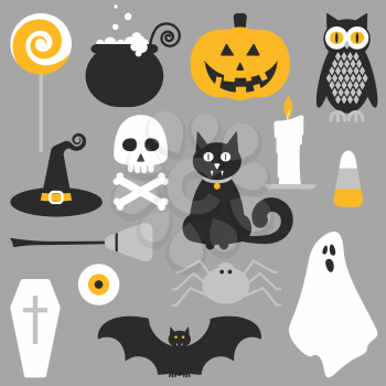 Halloween flat icons design. Candy corn, lollypop, pumpkin, owl, ghost, skull, cat, bat, broom, coffin, spider and whitch's hat.