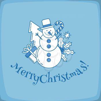 Snowman vector line design, Merry Christmas greetings postcard