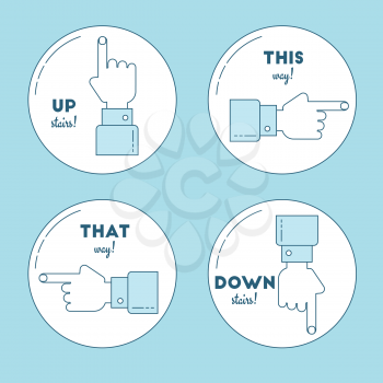 This way, that way, up stairs and down stairs signs. Circle icons with hands, pointing fingers