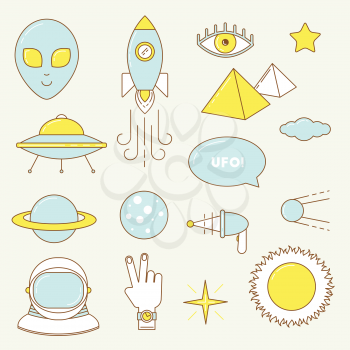 Alien set of icons. Line design UFO, astronaut, planets sticker patches