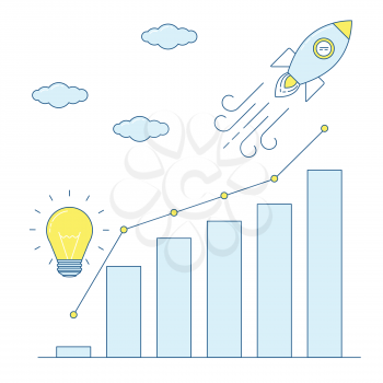 Success illustration, rocket flying in the sky on the statistics increasing background. 