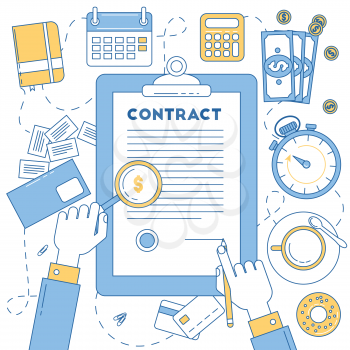 Contract, line design illustration with hands research and sign the document