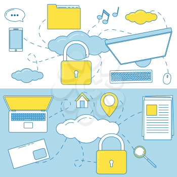 Cloud storage banners. Connection with files via laptop, cellphone and PC. Searching, security, documents storage and music
