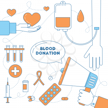 Blood donation illustration. Blood donor, promotion of donation line design.