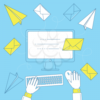 Send a letter, email marketing campaign concept. Line art illustration
