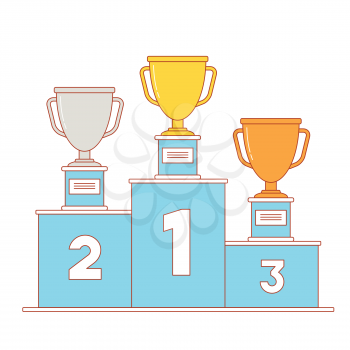 Winner's podium with gold, silver and bronze trophy. Line art illustration.