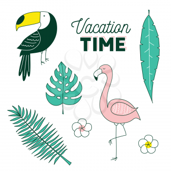 Vacation time, tropical set with toucan, flamingo and palm tree leaves