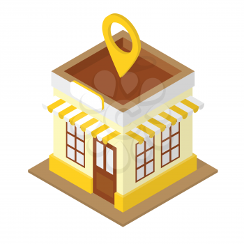 Building location isometric illustration with shop and location pin