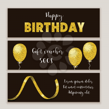 Birthday certificate design, gold gift voucher set with balloon and ribbon in golden glitter