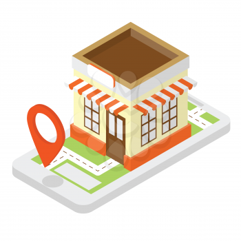 Shop isometric illustration with cell phone, shop and location pin on the screen