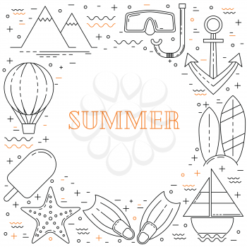 Summer vacation line design illustration with hot air balloon, diving mask and ice cream