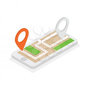 Isometric phone with location pins, route planning, urban map