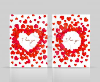 I love you postcards set with hearts paper cutout, brochure layout
