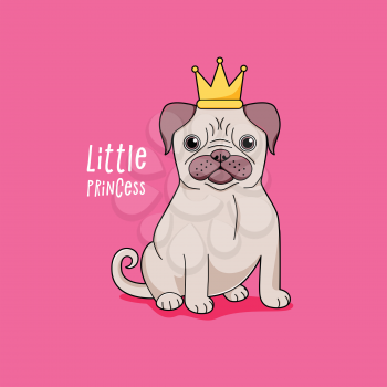 Pug little princess, cute vector dog in crown