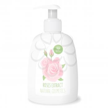 Rose cosmetics, white bottle cream mockup, 3d