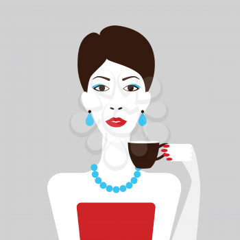 Woman with short haircut and cup of coffee, flat design
