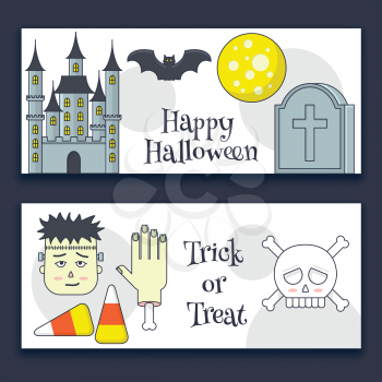 Halloween banner with castle, zombie, skull and tombstone