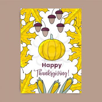 Thanksgiving poster with maple leaves, hazelnuts, corn and pumpkin