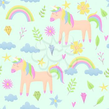 Unicorn design set with clouds and rainbow, stipple design