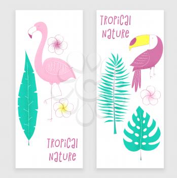 Tropical design with flamingo, palm and toucan, vector stipple