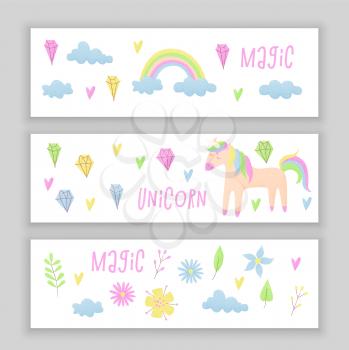 Unicorn design set with clouds and rainbow, stipple design