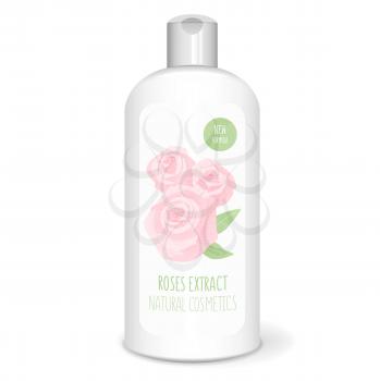Shampoo bottle with roses, white mockup, 3D design concept