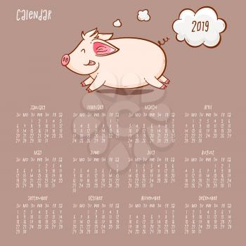 Calendar 2019, vector illustration with pig, a symbol of a Chinese New Year