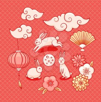 Mid autumn festival illustration, Chinese clouds, lantern and rabbits