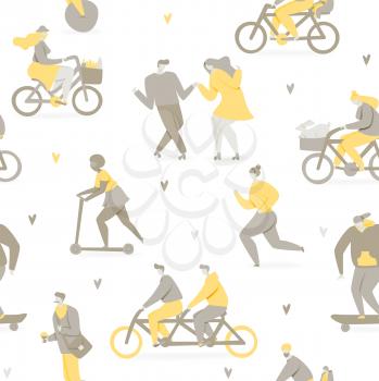 People riding bicycle in park, skateboard and scooter illustration