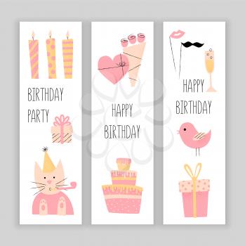 Happy birthday banner set, vector design with cake and champagne 
