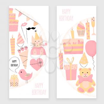 Happy birthday card, greetings and celebration set with cake and presents