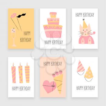 Happy birthday card, greetings and celebration set with cake and cat