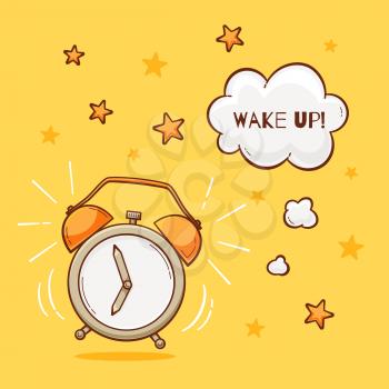 Alarm clock with wake up sign, vector illustration
